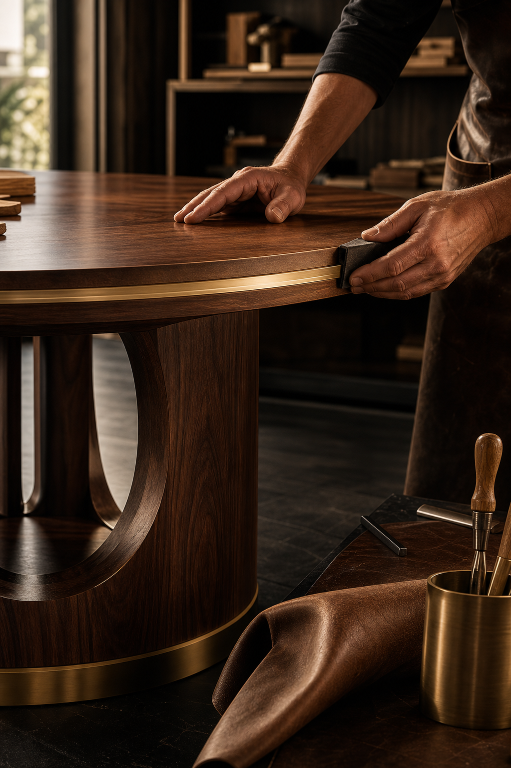 Artisan hand-finishing walnut furniture